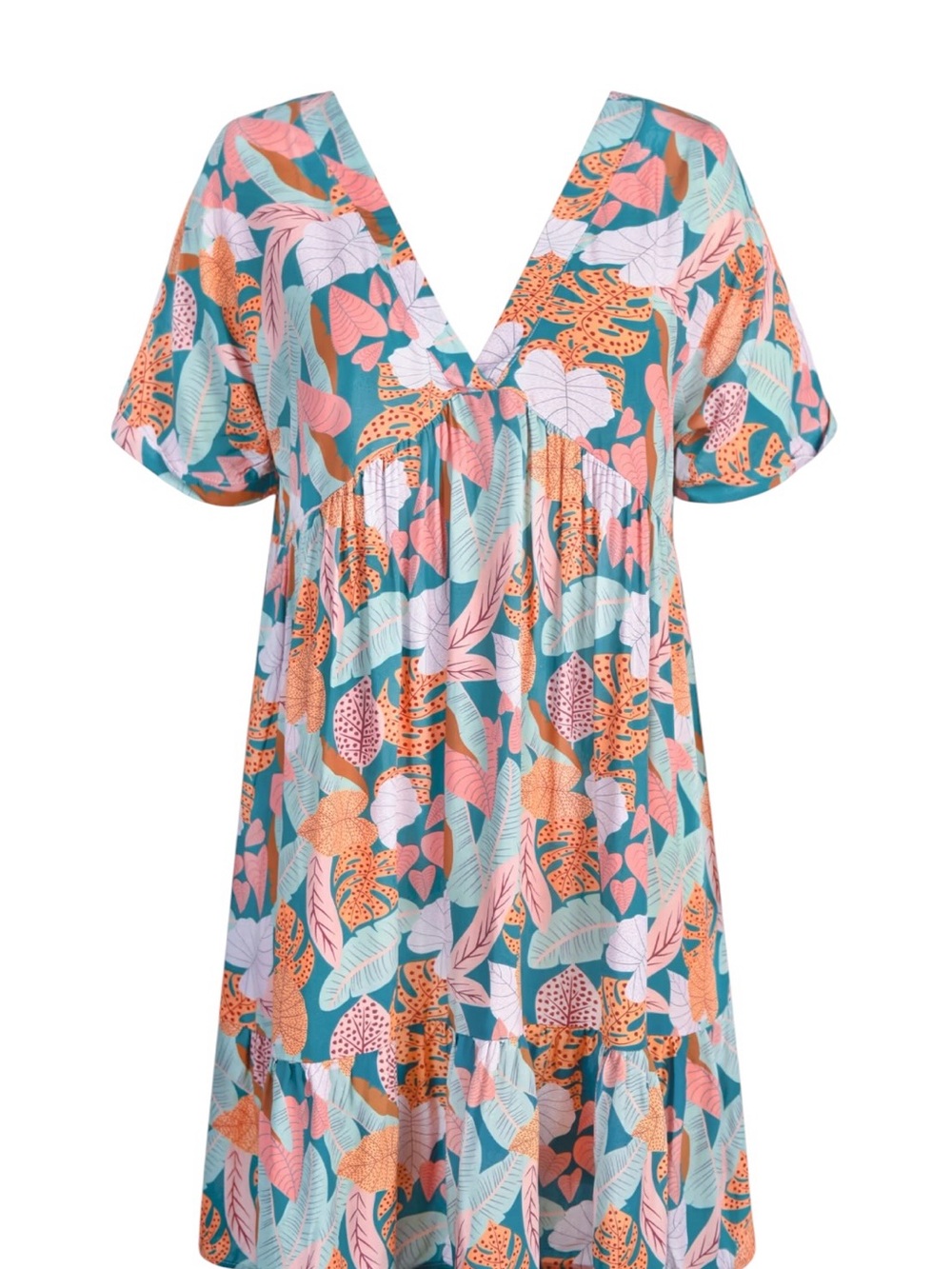 Cupshe Teal Pink Orange Tropical Leaf Mini Dress